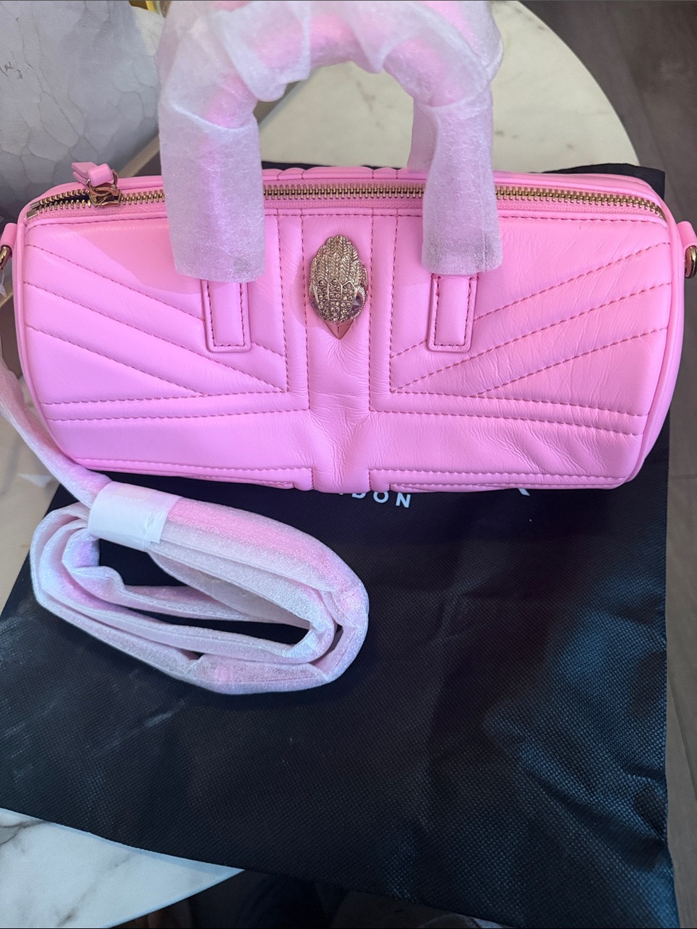 Kurt Geiger Pink Quilted Satchel with Gold Beetle Emblem